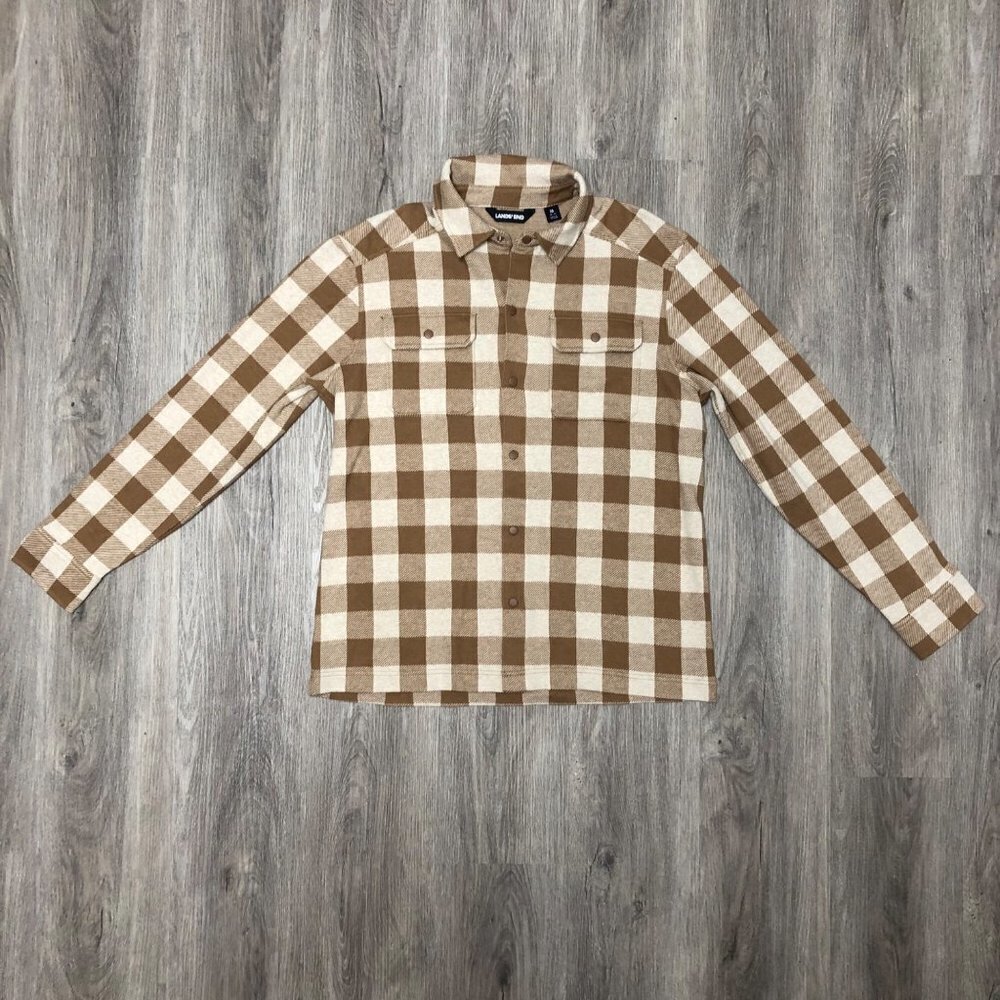 Lands’ End Trucker Shirt Men's Size Medium Buffalo Tan Plaid Button Up Shacket